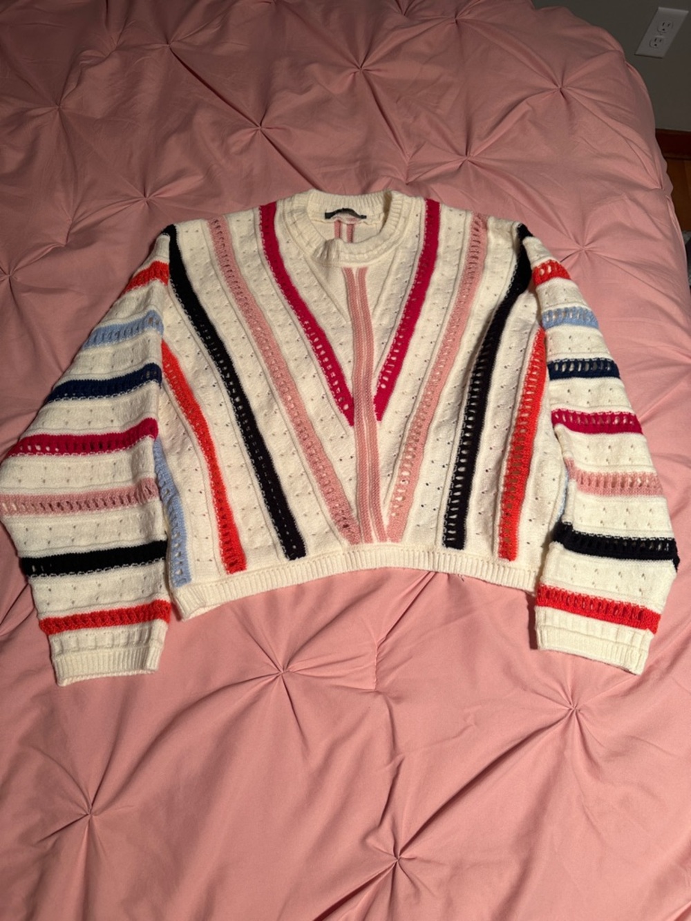 Cream Multicolor Striped Crewneck Sweater